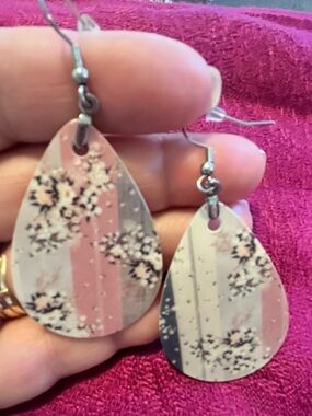 Pink, Grey & Cream Floral Teardrop Dangle Earrings - Women Jewelry